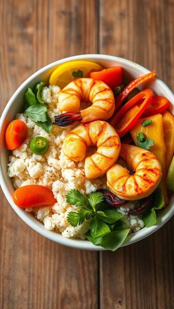 A healthy cauliflower rice bowl with grilled shrimp and colorful vegetables.