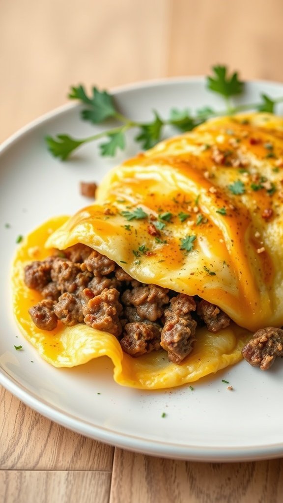 Cheesy omelette with ground beef on a plate