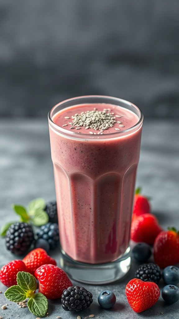 A glass of Chia Seed Berry Smoothie surrounded by fresh berries.