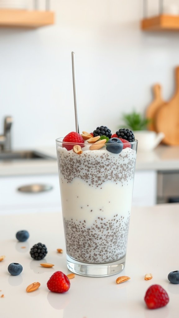 Chia seed pudding in a glass with toppings of fresh fruits and nuts.