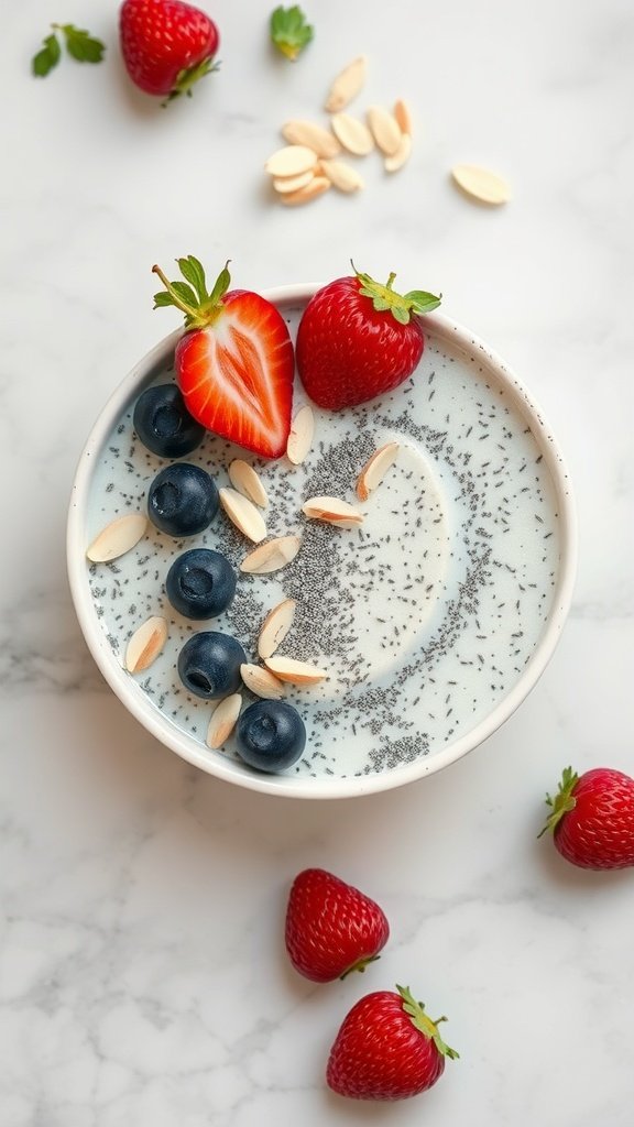 Chia seed pudding topped with strawberries, blueberries, and sliced almonds in a bowl.