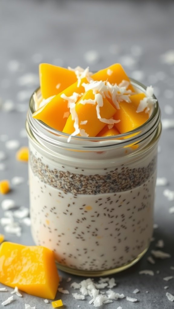 Chia seed pudding layered with coconut and topped with mango