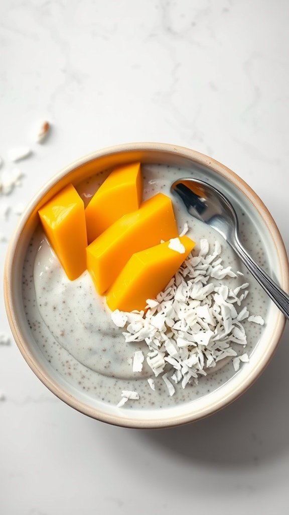 Chia seed pudding topped with mango and coconut in a bowl