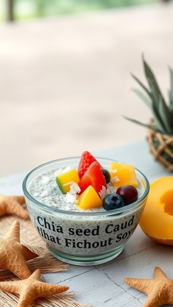 Chia seed pudding topped with fresh fruits and coconut flakes in a bowl.