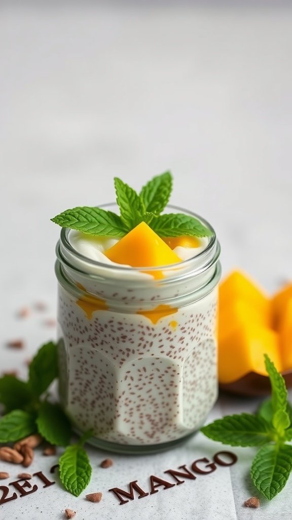 Chia seed pudding with coconut milk, topped with mango and mint