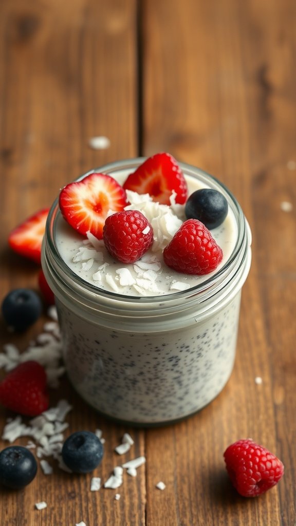 Chia seed pudding with berries and coconut flakes in a glass jar