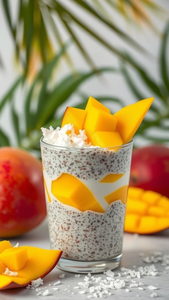 Chia seed pudding topped with mango and coconut