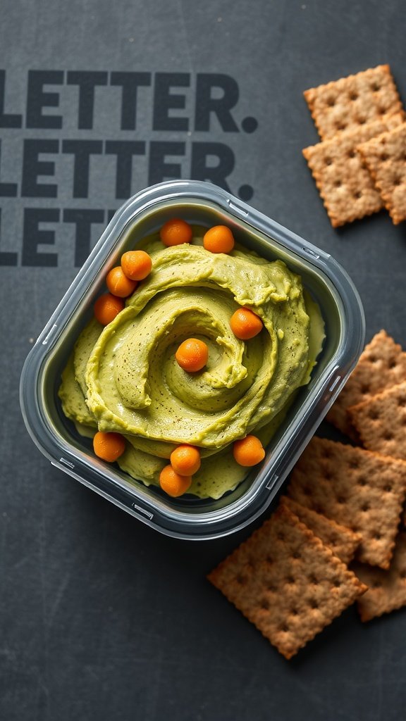 A container of chickpea and avocado mash with crackers