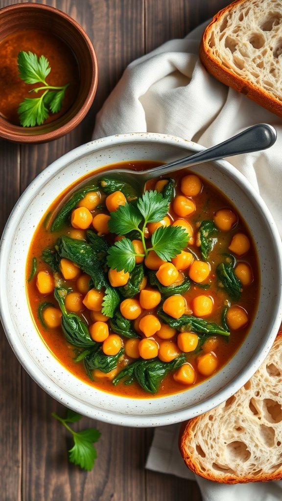 A bowl of chickpea and spinach stew garnished with cilantro, served with slices of bread.