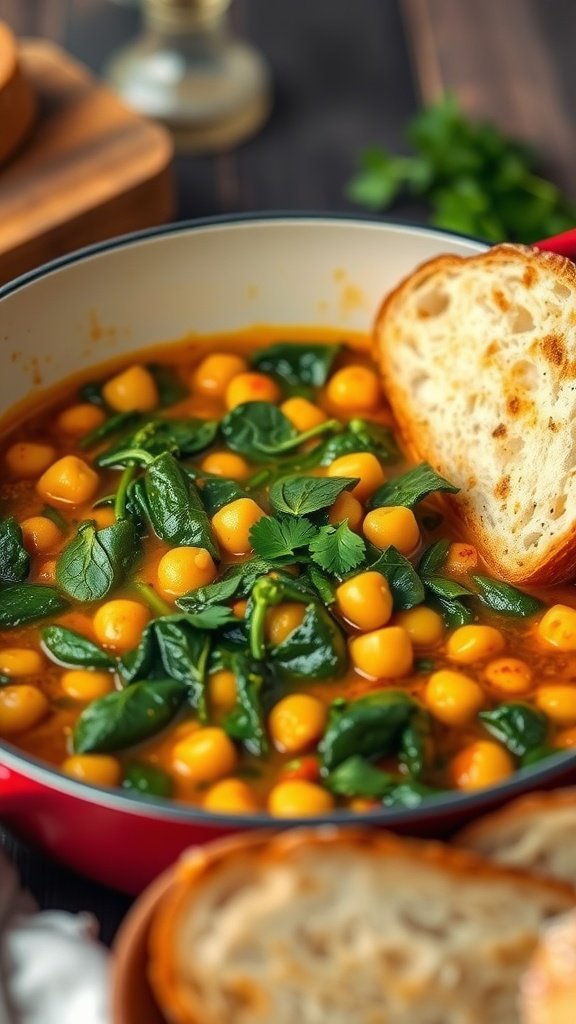 A bowl of chickpea and spinach stew with spices, garnished with cilantro and served with crusty bread.