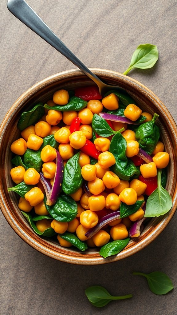 A colorful bowl of chickpea and spinach stir-fry with red bell pepper and red onion.