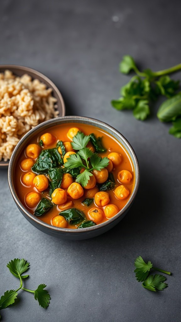 A bowl of chickpea curry with spinach, garnished with cilantro, served with brown rice.