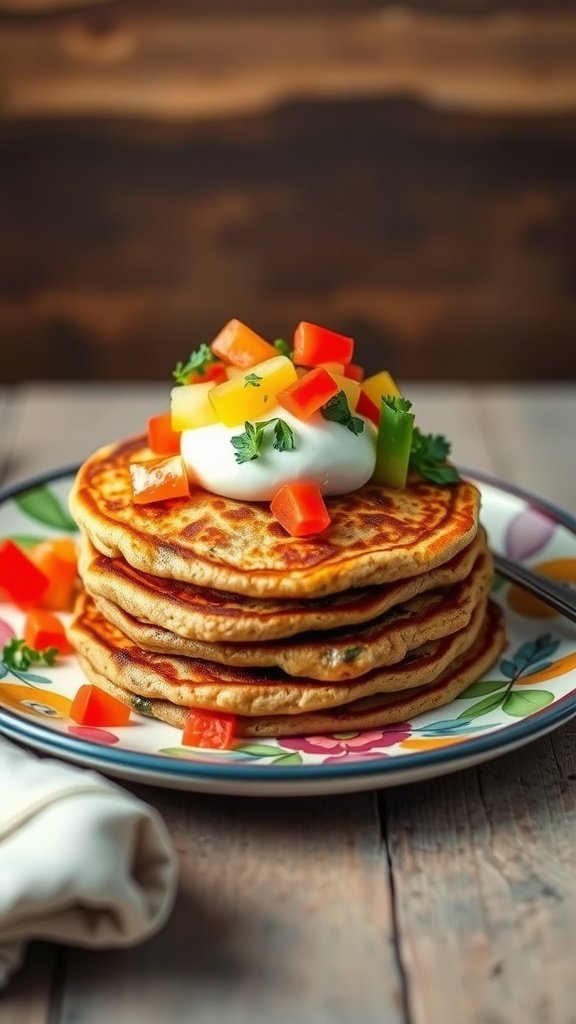 A stack of chickpea flour pancakes topped with colorful vegetables and yogurt.