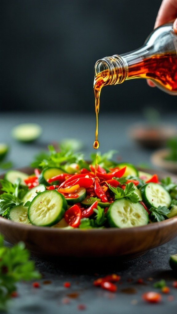 A bowl of spicy Asian cucumber salad being drizzled with chili oil.