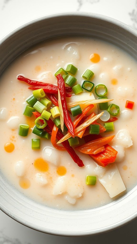 Bowl of Chinese congee topped with green onions, red chili, and other colorful ingredients.