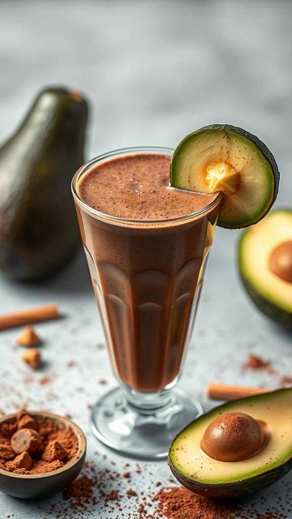 A chocolate avocado smoothie in a glass garnished with a slice of avocado, surrounded by cocoa powder and avocados.