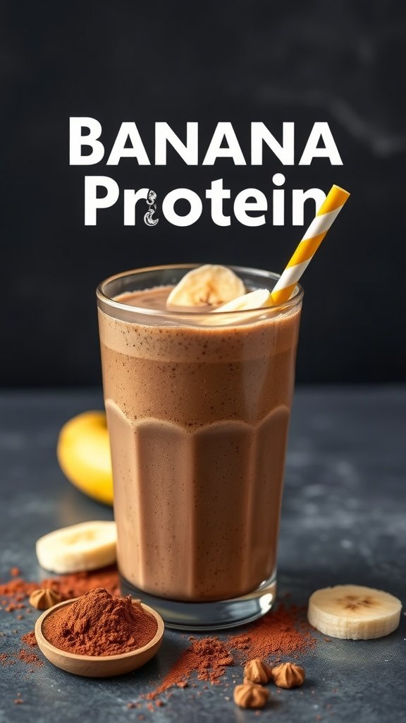 A chocolate banana protein smoothie in a glass with a straw