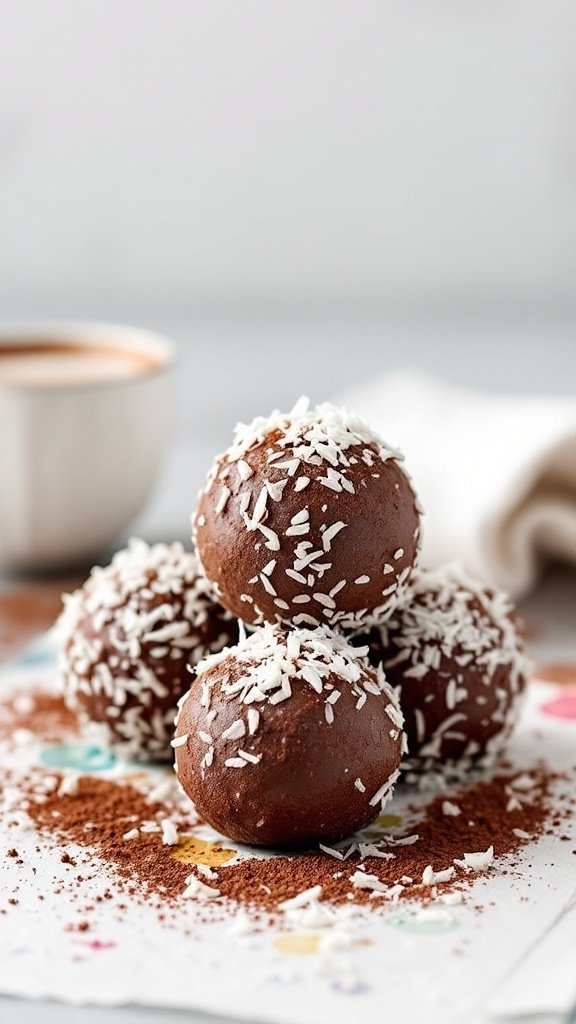 Chocolate Coconut Energy Balls stacked together with shredded coconut on top.