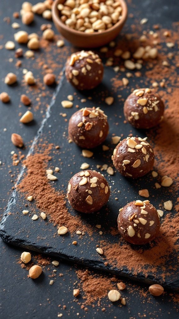 Chocolate hazelnut energy balls displayed on a dark surface with chopped hazelnuts.