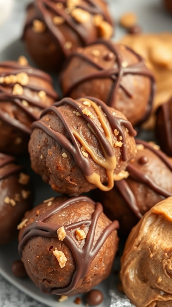 Chocolate peanut butter energy balls drizzled with chocolate and topped with crushed peanuts.