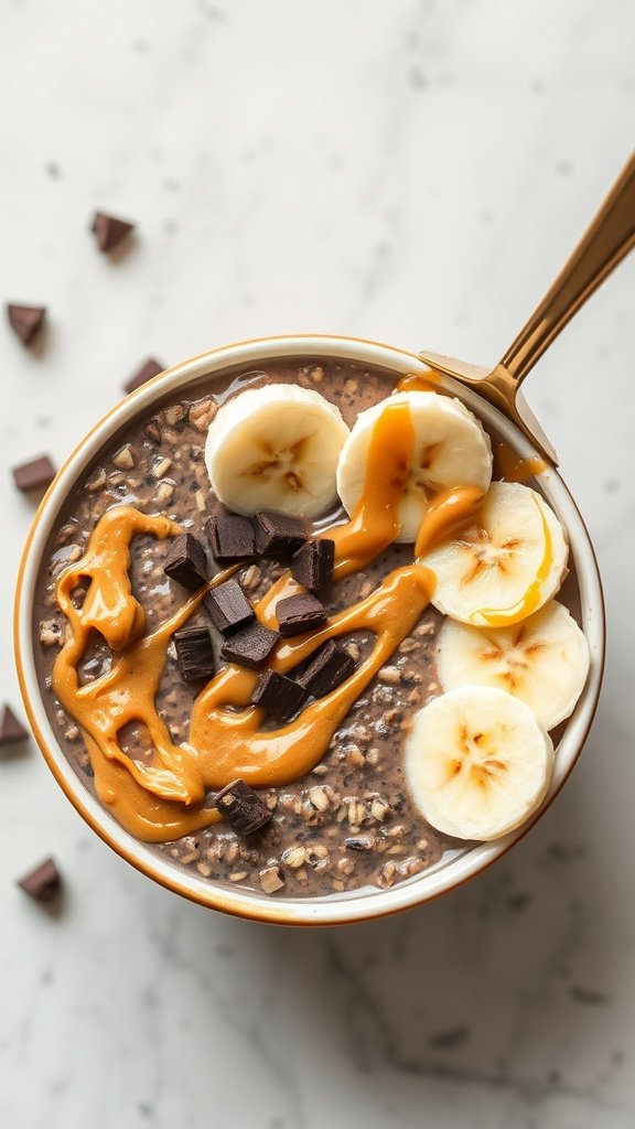 A bowl of chocolate peanut butter overnight oats topped with banana slices and chocolate chips.