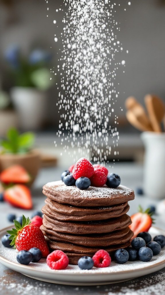 Stack of chocolate protein pancakes topped with fresh berries and powdered sugar.