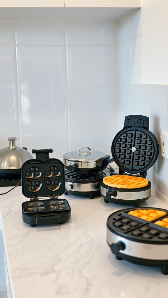 A variety of waffle makers displayed on a countertop, showcasing different styles and sizes.