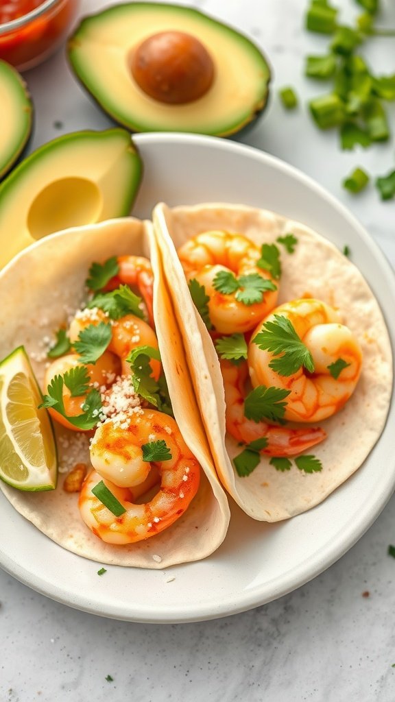 A plate of Cilantro Lime Shrimp Tacos topped with cilantro and served with lime wedges and avocado