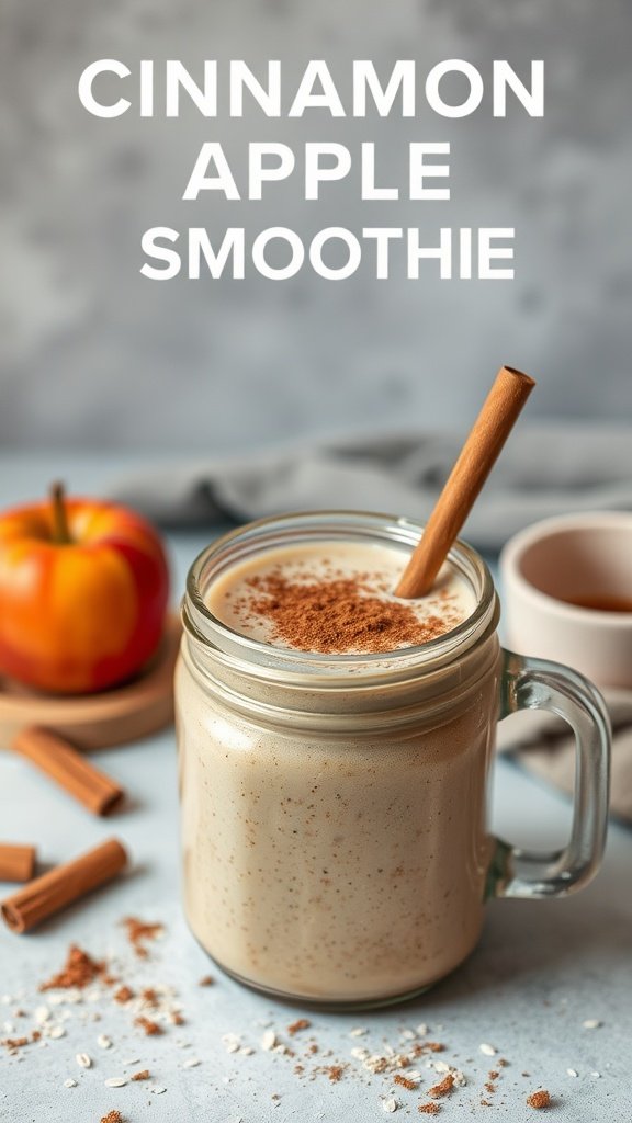 A cinnamon apple oat smoothie in a glass, garnished with a cinnamon stick and sprinkled with cinnamon powder