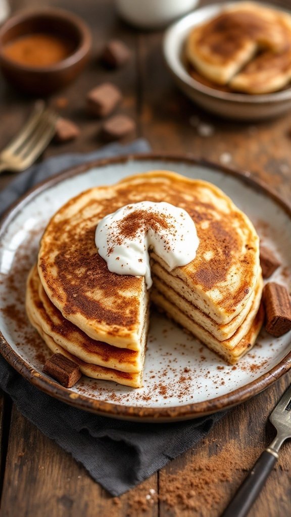 Fluffy cinnamon protein pancakes stacked on a plate with a dollop of Greek yogurt on top.