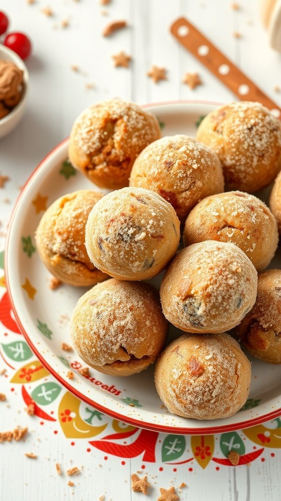 A plate of cinnamon roll energy balls sprinkled with a light dusting of powder, evoking the flavor of traditional cinnamon rolls.