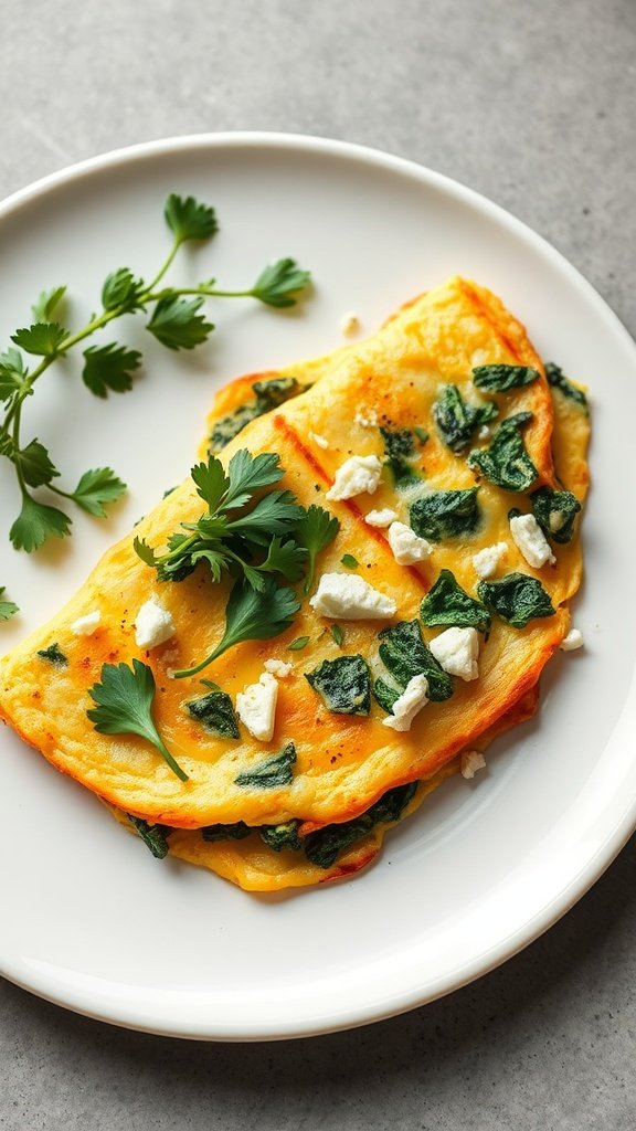 A delicious spinach and feta omelet served on a plate, garnished with fresh herbs.