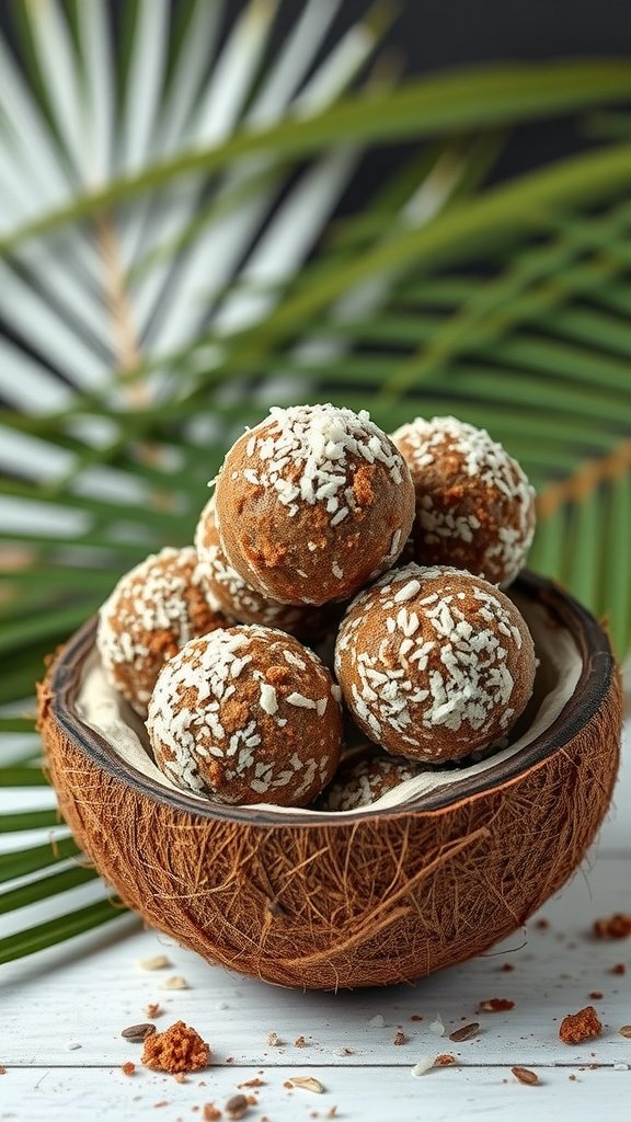 A bowl of cocoa coconut energy balls, neatly arranged and topped with shredded coconut.
