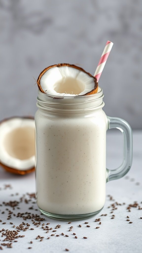 Coconut Chia Seed Smoothie in a jar with a straw