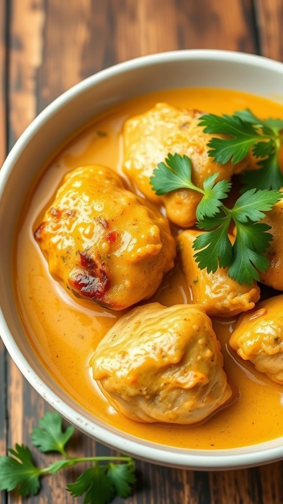 A serving of coconut curry chicken thighs garnished with cilantro.