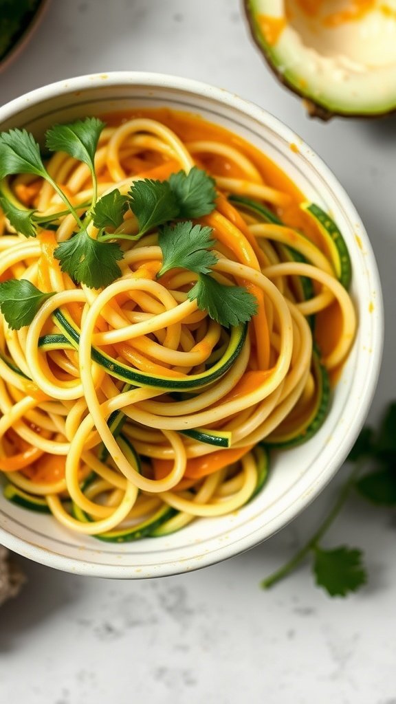 Bowl of coconut curry zoodles topped with cilantro