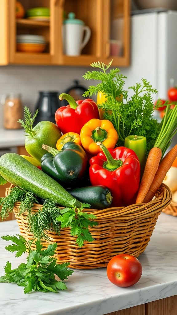 A basket filled with colorful vegetables including bell peppers, zucchini, carrots, and fresh herbs.
