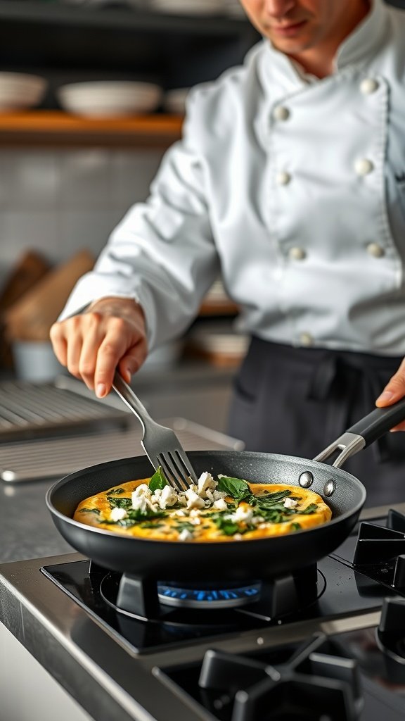 A chef preparing a spinach and feta omelet in a frying pan.