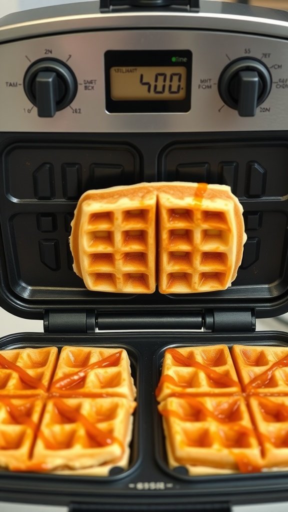 High protein waffles cooking in a waffle maker