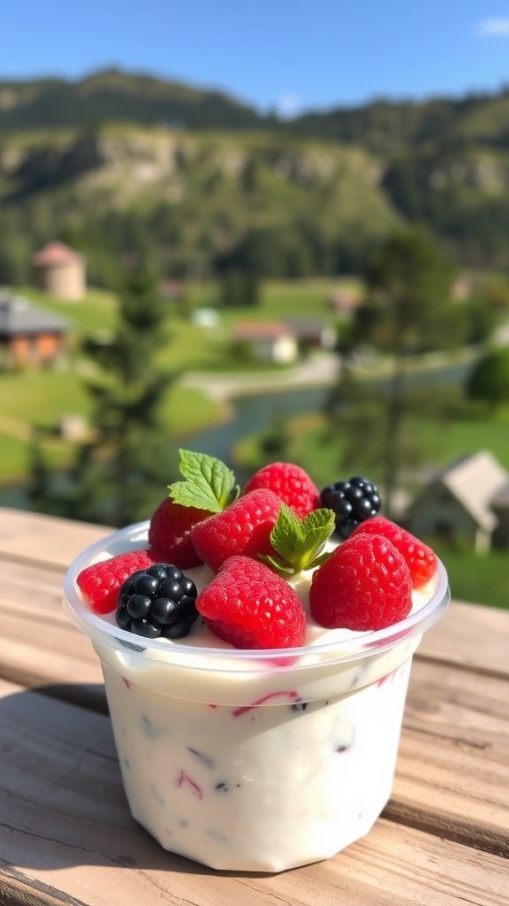 A healthy snack of cottage cheese topped with fresh berries.