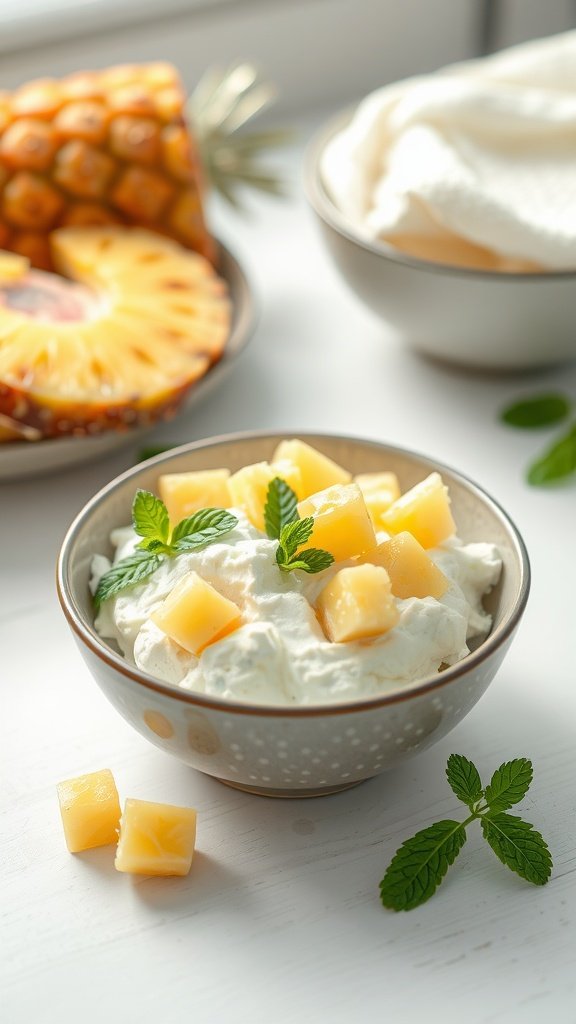 A bowl of cottage cheese topped with diced pineapple and mint leaves.