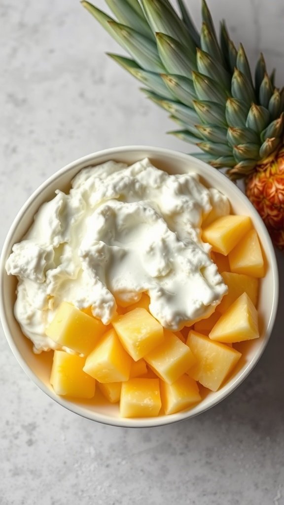 A bowl of cottage cheese topped with pineapple cubes, garnished with mint leaves.