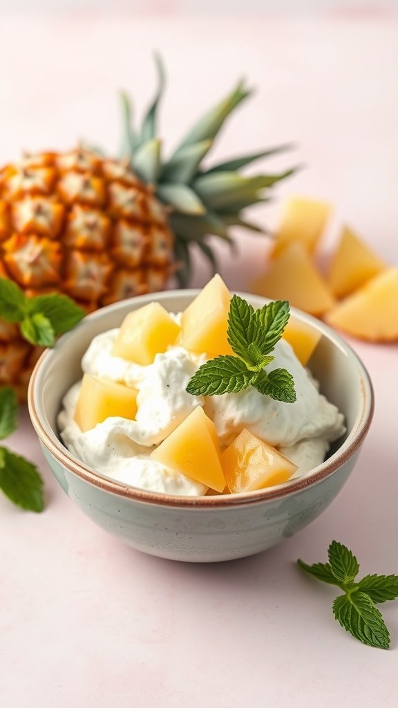 A bowl of cottage cheese topped with pineapple chunks and mint leaves.