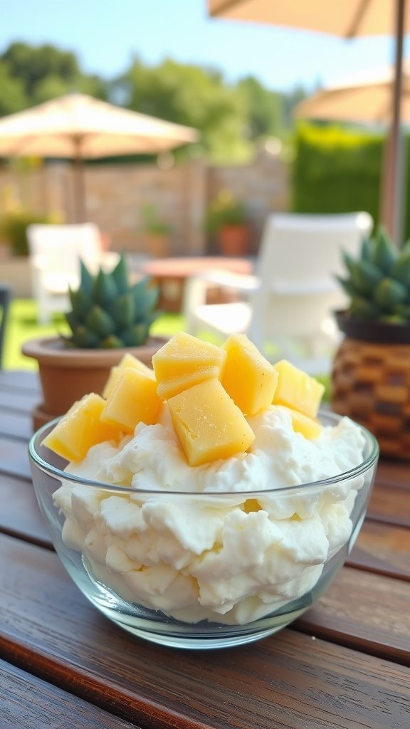 A bowl of cottage cheese topped with pineapple chunks