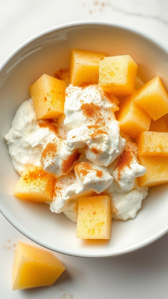 A bowl of cottage cheese topped with pineapple and sprinkled with cinnamon.