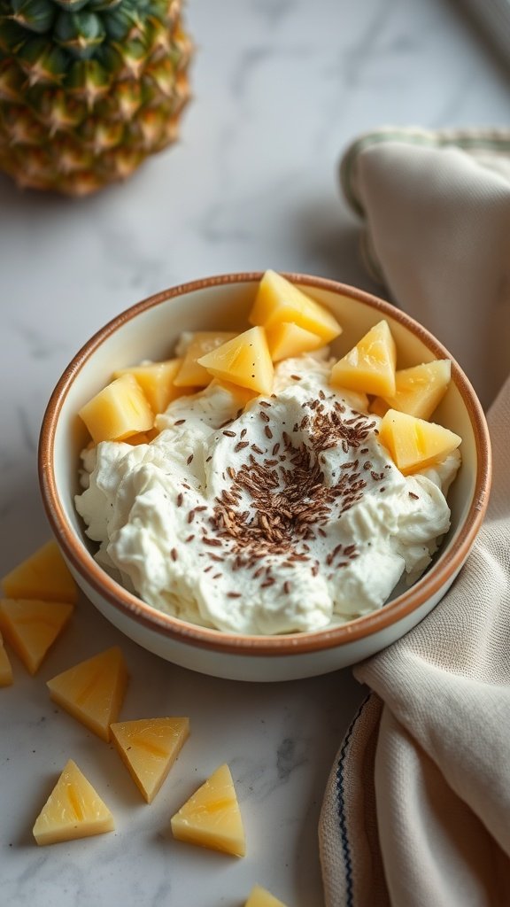 A bowl of cottage cheese topped with pineapple chunks and flaxseed.