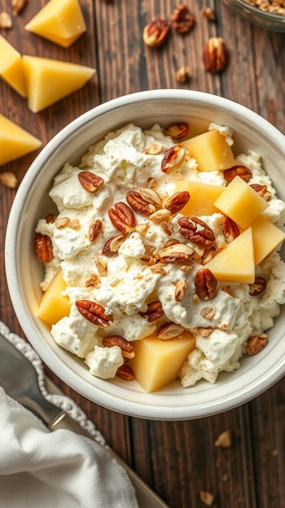 Bowl of cottage cheese topped with pineapple chunks and mixed nuts.