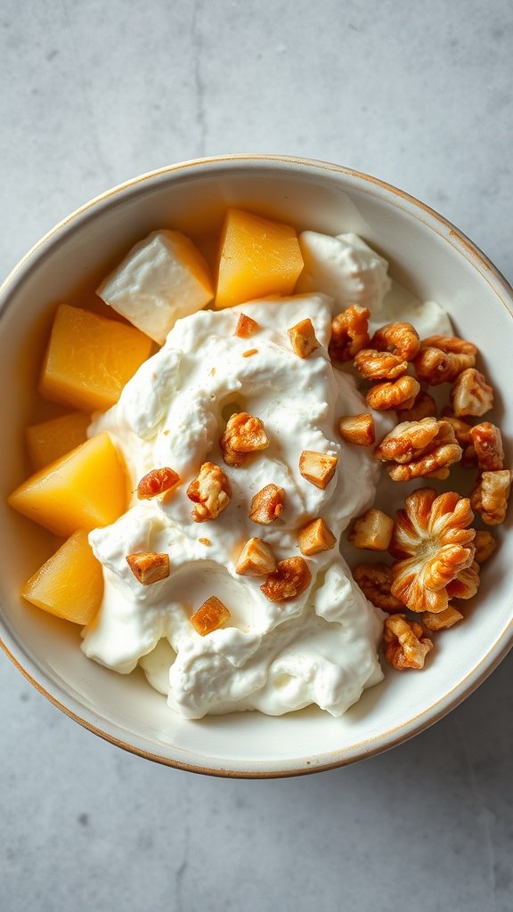 A healthy breakfast bowl featuring cottage cheese, pineapple chunks, and chopped walnuts.