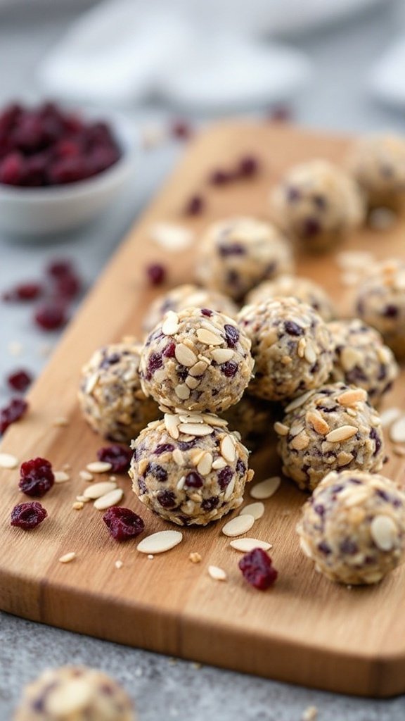 Cranberry Almond Energy Bites on a wooden board with dried cranberries and sliced almonds.