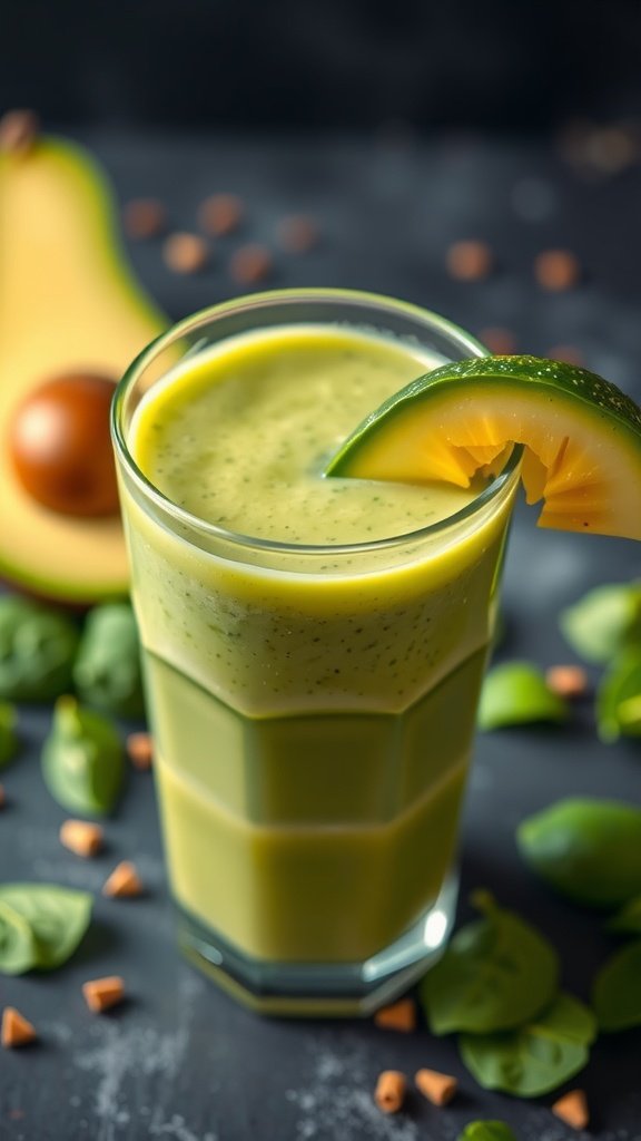 A creamy avocado spinach smoothie in a glass with a slice of cucumber on the rim.